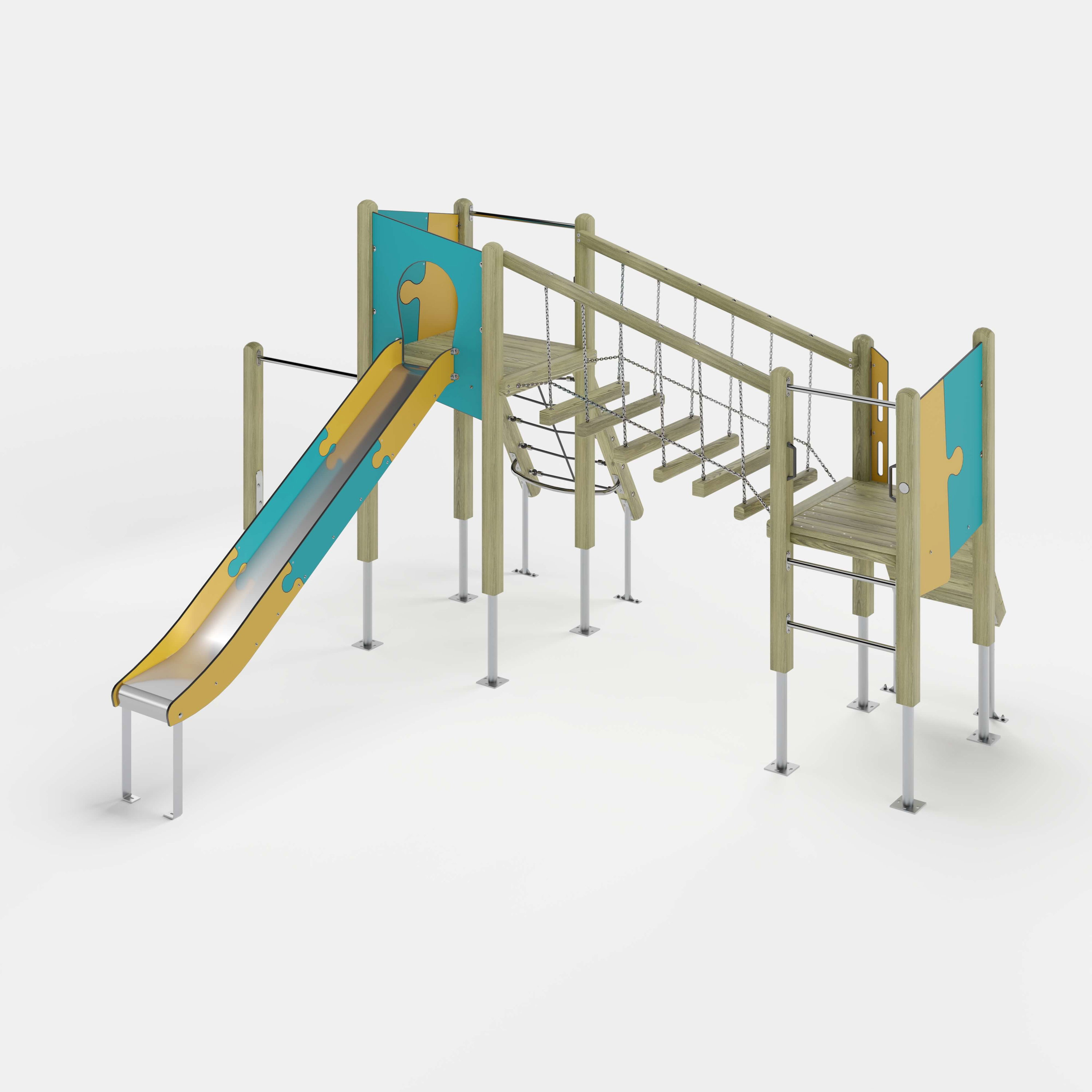 Bunte Kinderspielburg mit Dach und Rutsche auf weißem Hintergrund.