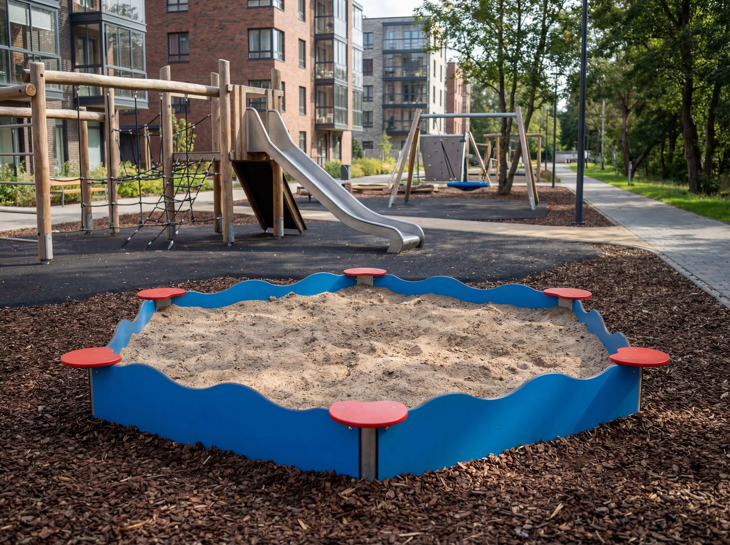 Blauer Sandkasten mit roten Sitzplätzen im Spielplatz vor Wohnhäusern und Bäumen.
