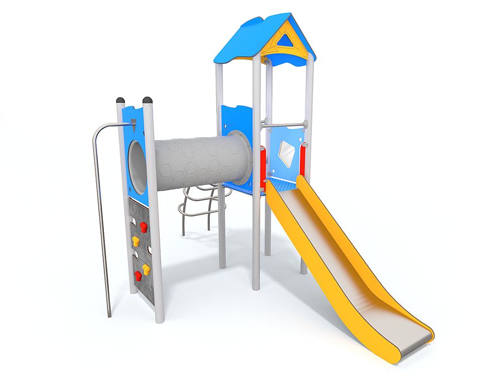 Schwinger für Kleinkinder mit Metallgestell und grünen Verbindungen auf weißem Hintergrund.