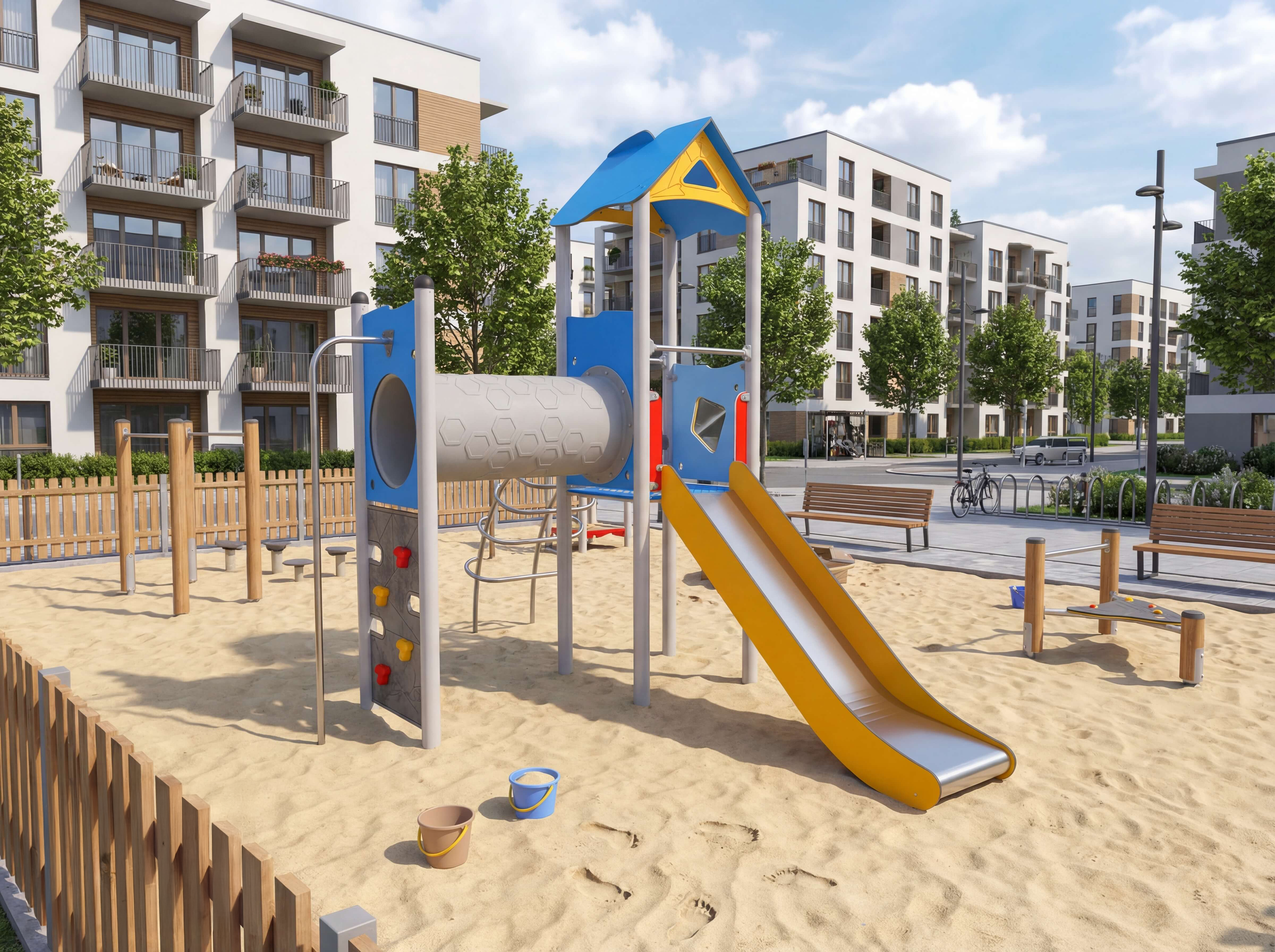 Spielplatz mit Rutsche und Sandkasten vor modernen Wohnhäusern im Stadtteil.