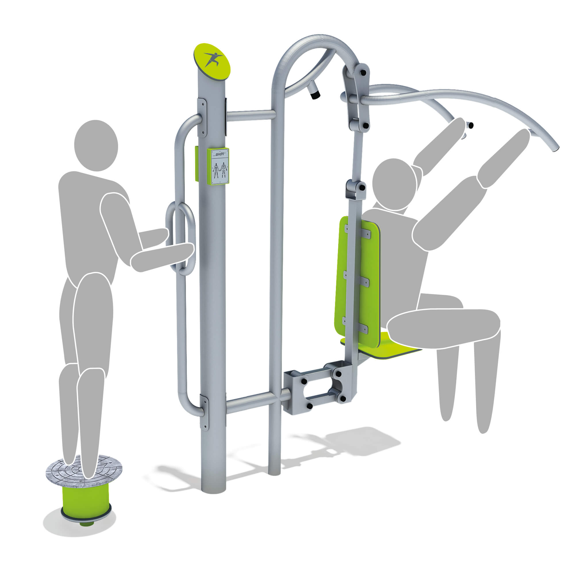 Outdoor fitness station with lime green accents and instruction plaque.