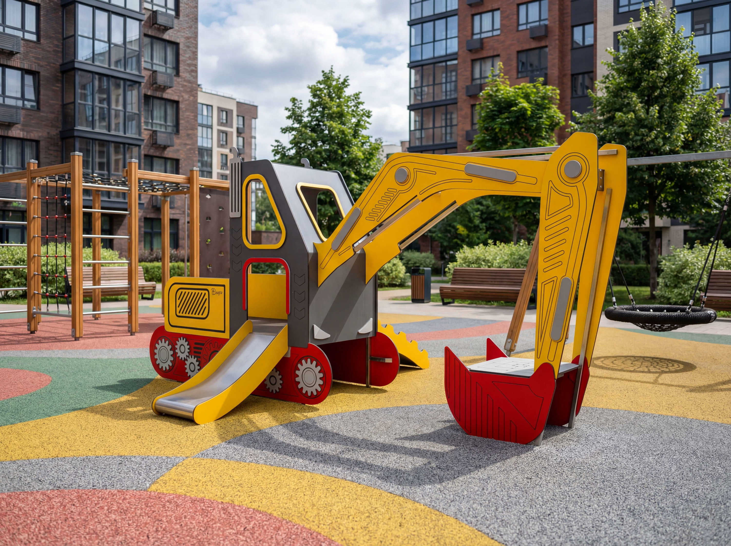 Bunte Spielplatzanlage mit Baumaschinen-Spielgeräten vor Wohnhäusern im Stadtpark.