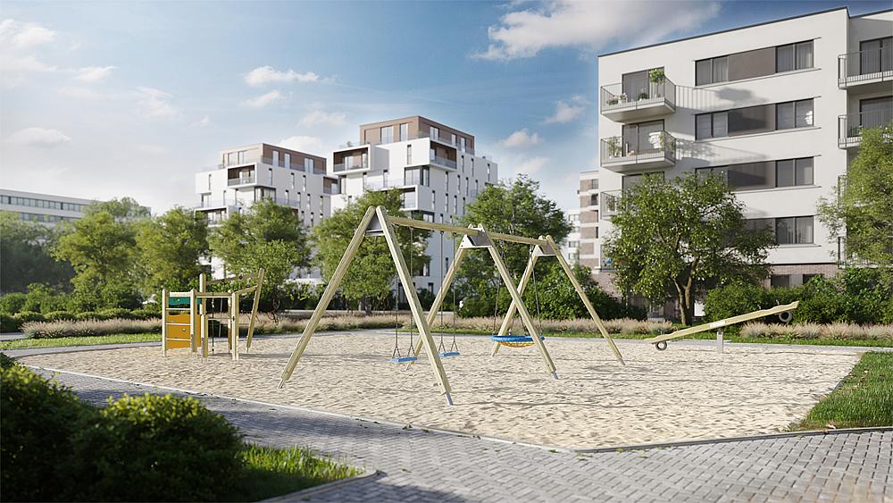 Spielplatz mit Schaukel und Rutsche vor modernen Wohnhäusern im Grünen.
