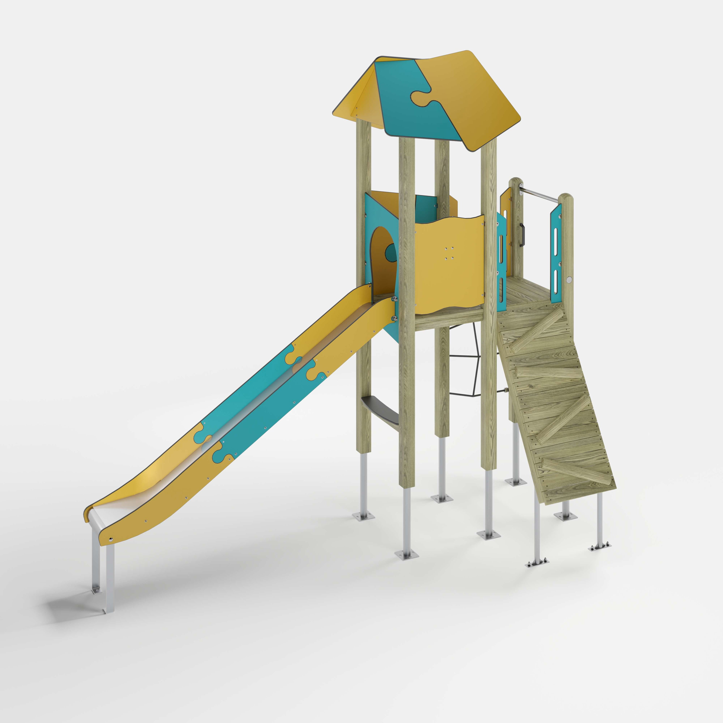 Bunte Kinderspielburg mit Dach und Rutsche auf weißem Hintergrund.
