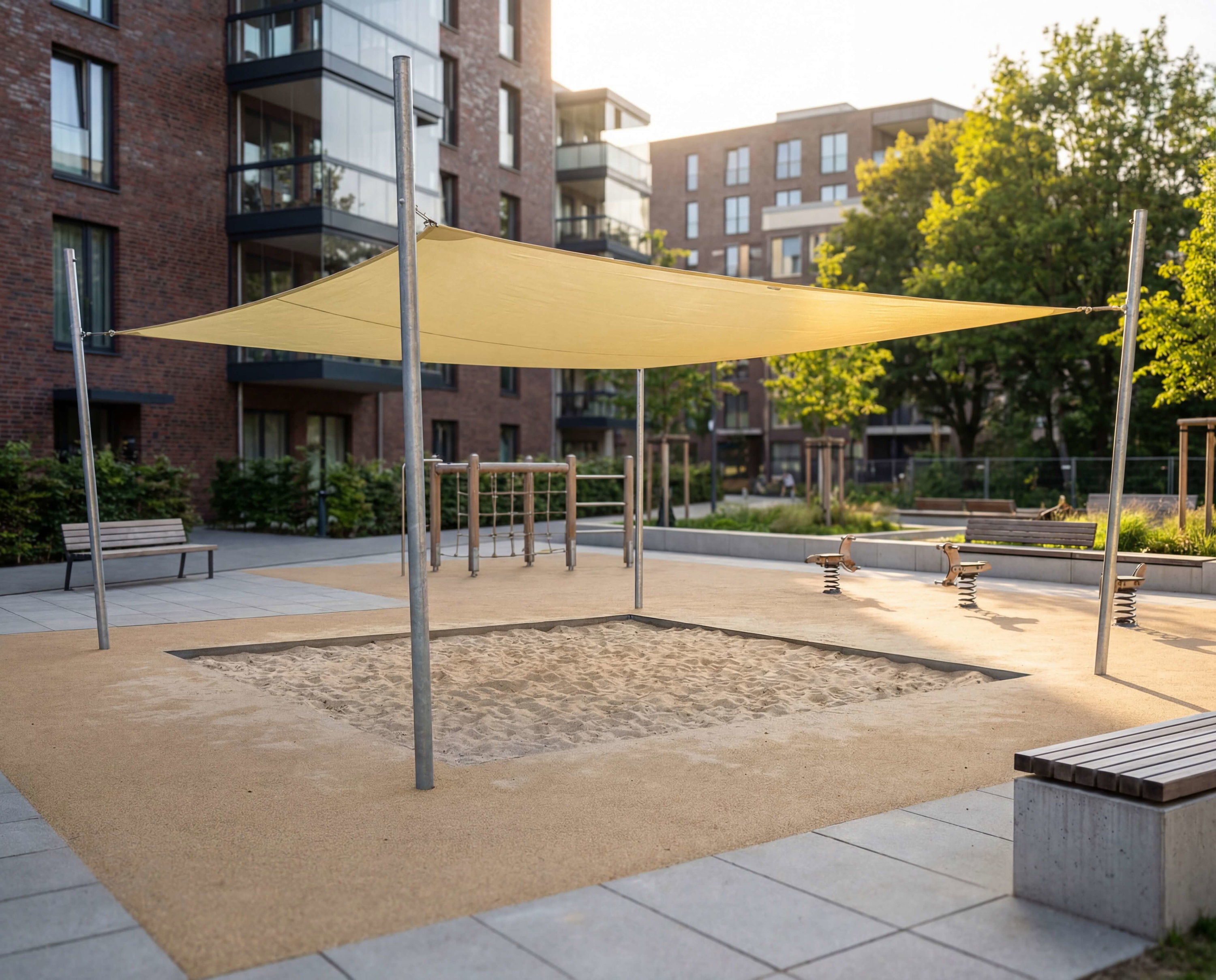 Spielplatz mit Sandkasten und Sonnensegel vor Wohnhäusern im Stadtteil.