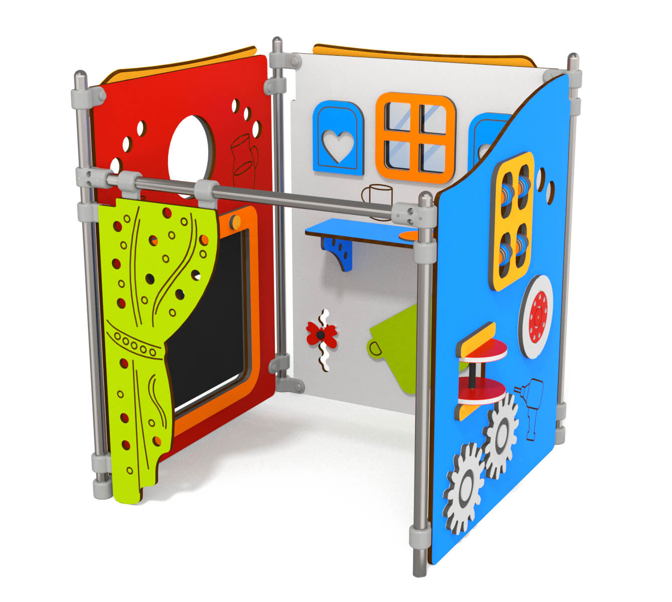 Bunte Kinderkiste mit Spielplatten und -elementen für kreatives Spielen im Kindergarten oder Zuhause.

Kinderhaus-Spielzeug aus Holz und Metall – farbenfroh gestaltet zum fantasievollen Toben.