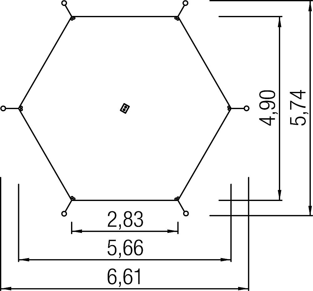 Sechseckige Form mit Maßen: 6,61 x 5,74 cm und Durchmesser von 5,66 cm.
