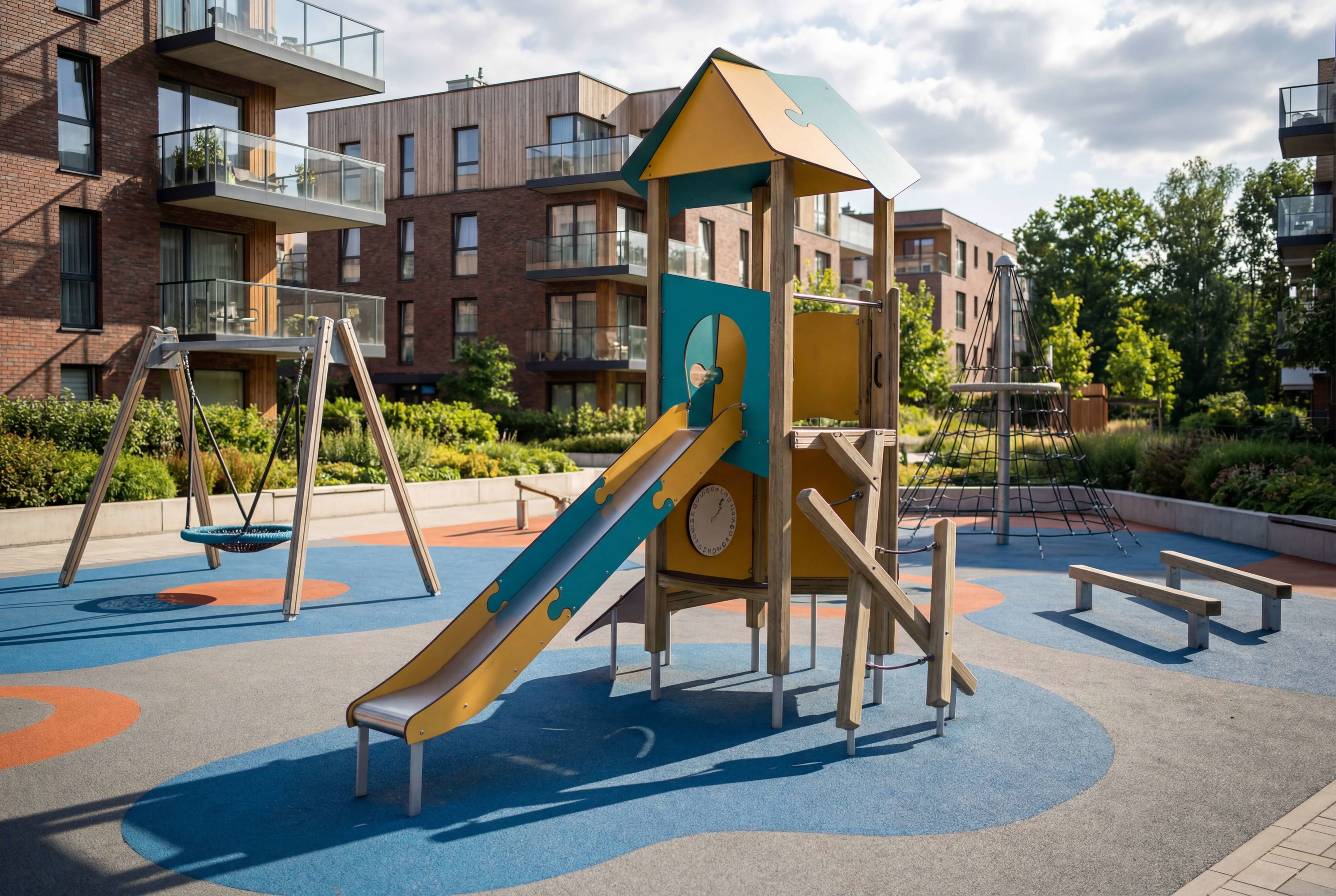 Farbiger Spielplatz mit Rutsche und Schaukel vor modernen Wohnhäusern im Grünen.