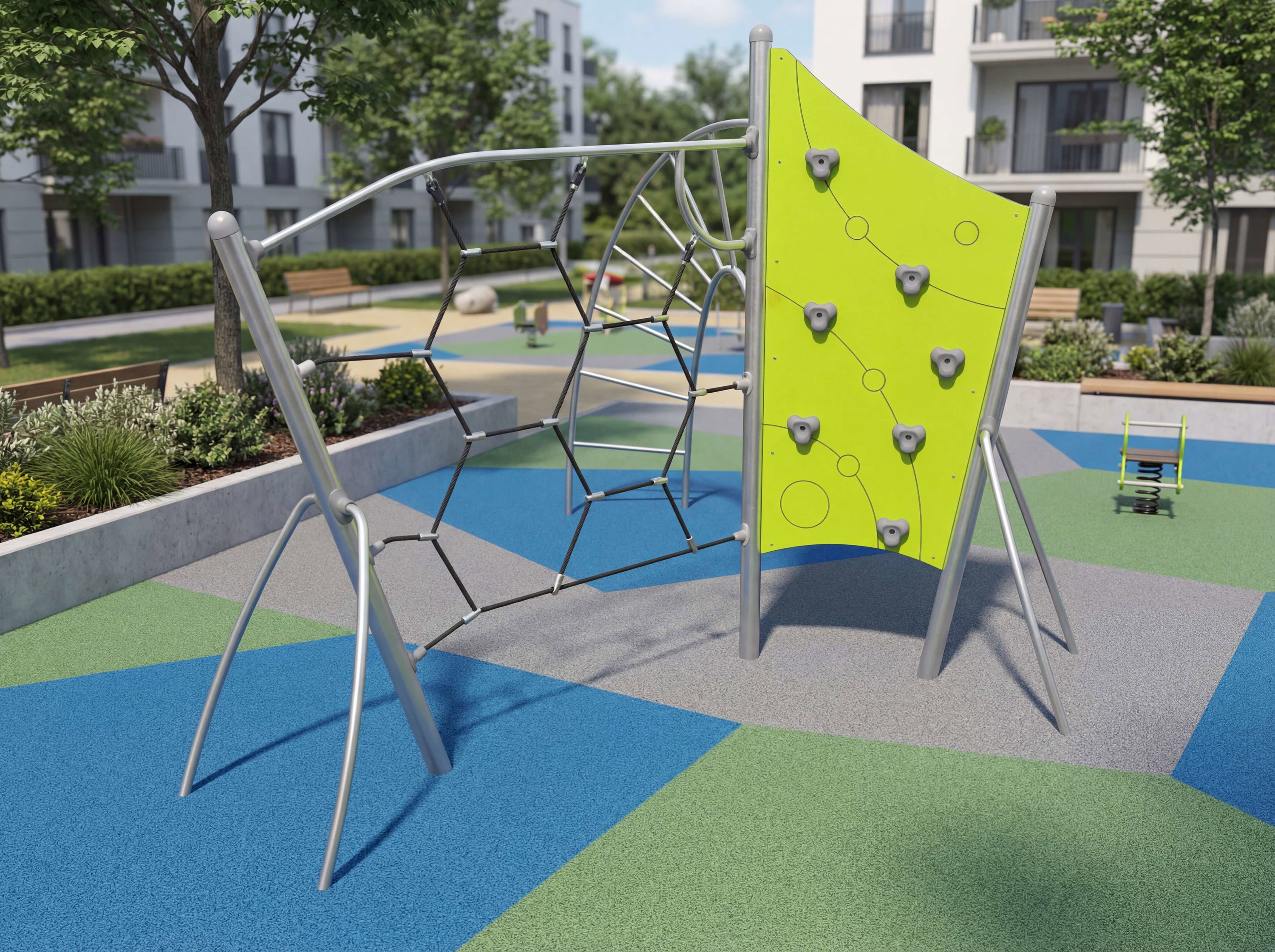 Modern playground with climbing wall und rope net in colorful safety surfacing near residential buildings.