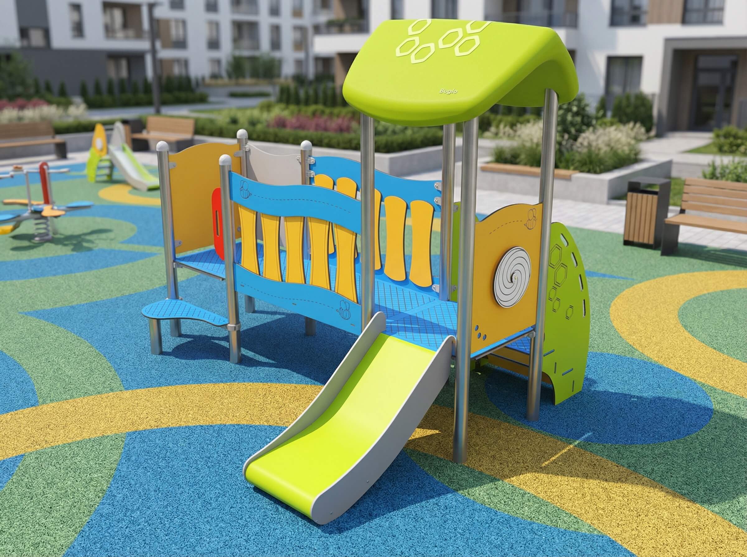 Bunte Kinderspielanlage mit Rutsche und Klettergerüst auf farbigem Kunstrasen im Stadtteilpark.