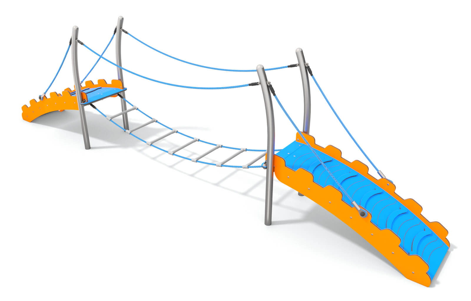 Bunte Schaukelbrücke mit Seilgitter und orangefarbenen Plattformen für Kinder auf weißem Hintergrund.