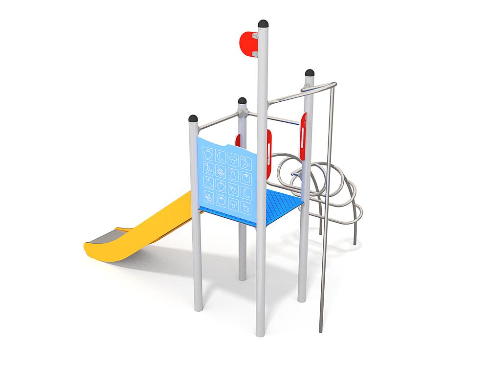 Schwinger für Kleinkinder mit Metallgestell und grünen Verbindungen auf weißem Hintergrund.
