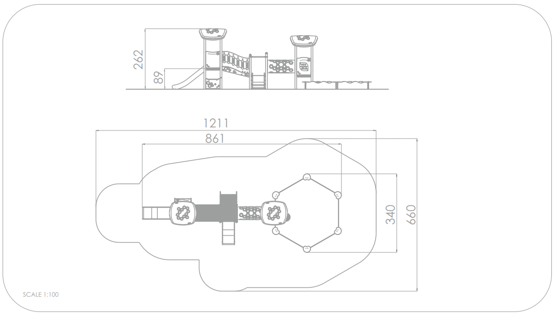 Spielplatz-Plan mit Maßen und Ansicht von oben – Skala 1:100
