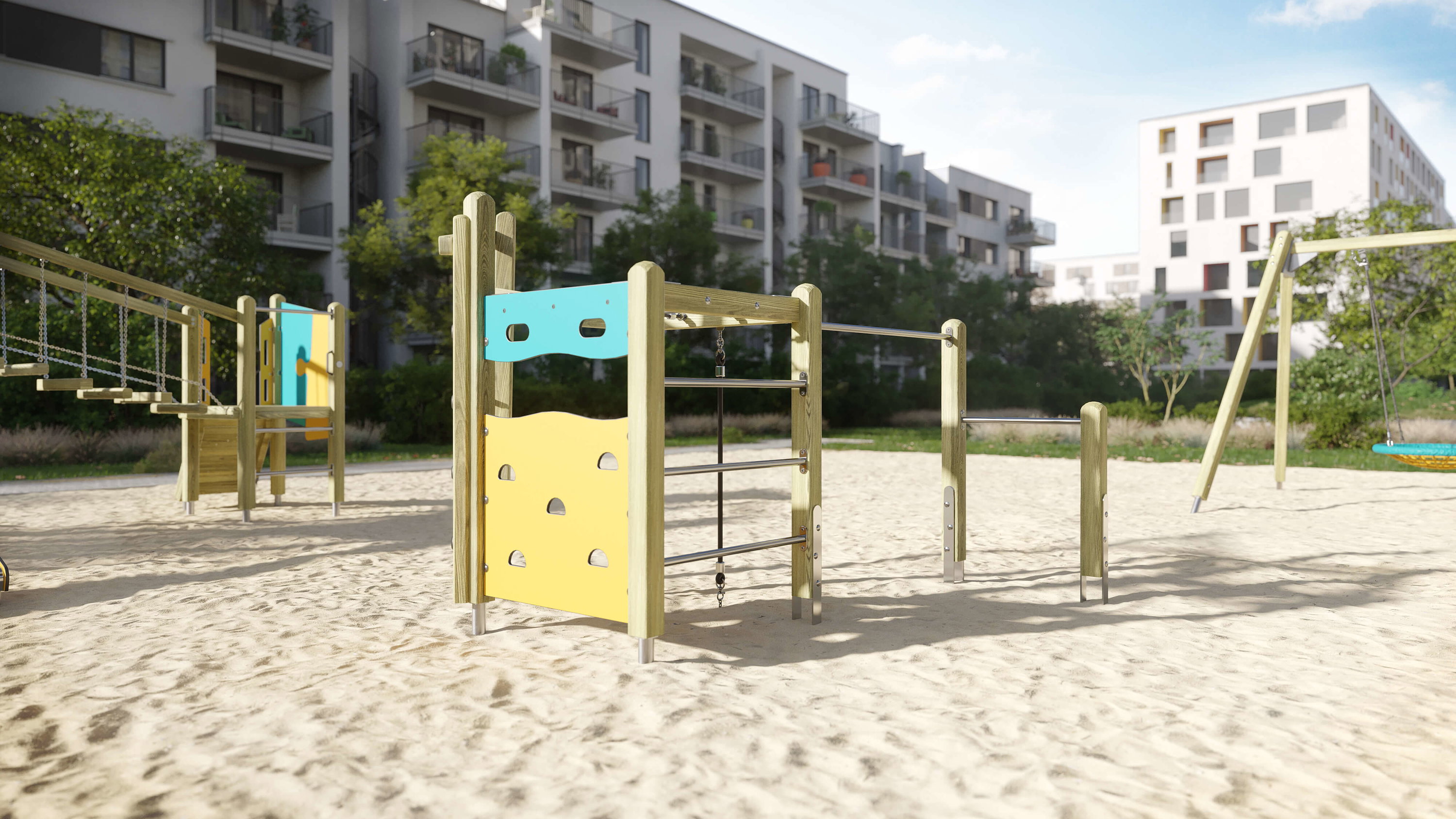 Spielplatz mit Holzgerüst und Sand vor modernen Wohnhäusern im Sonnenlicht.