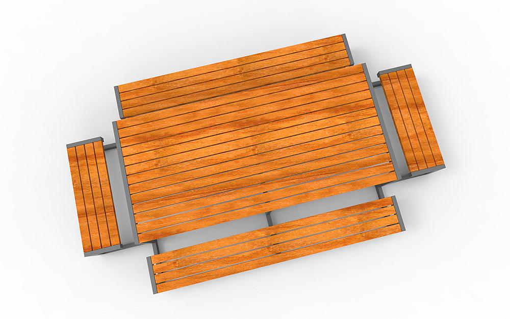 Holzbank mit Metallgestell auf weißem Hintergrund – minimalistisch und modern gestaltet.