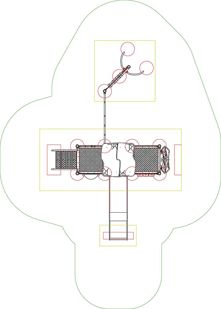Kinderspielplatz mit Rutsche, Klettergerüst und Seilrutschen im grünen Bereich.