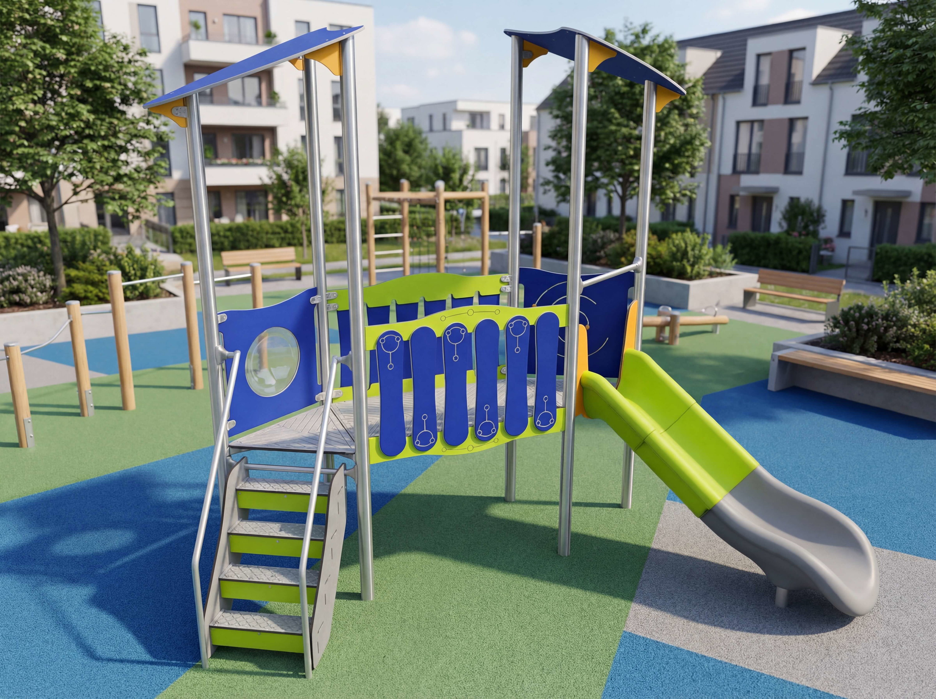 Bunte Spielanlage mit Rutsche und Klettergerüst im modernen Wohngebiet unter blauem Himmel.
