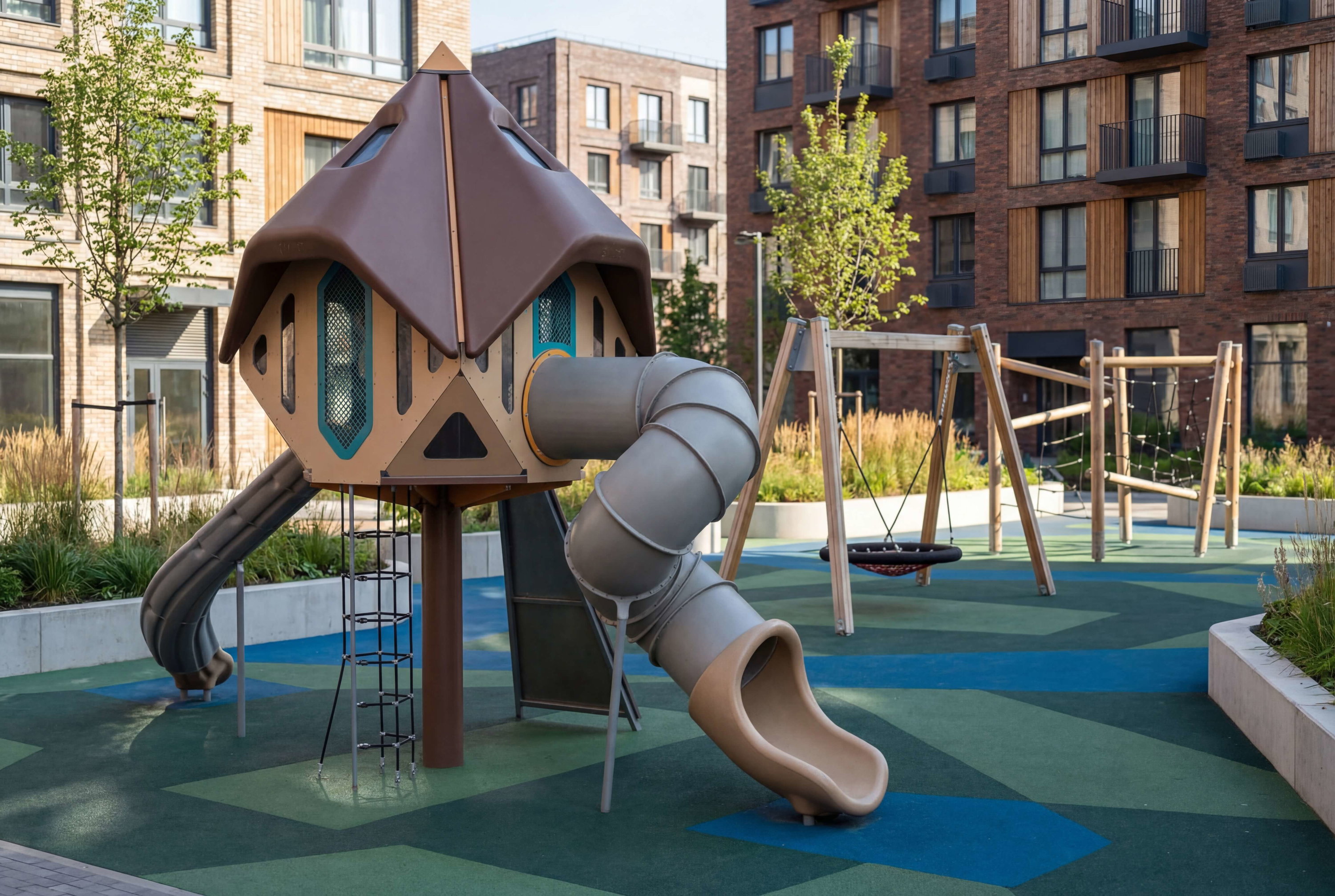 Modern playground with slides und swings in urban green space between residential buildings.