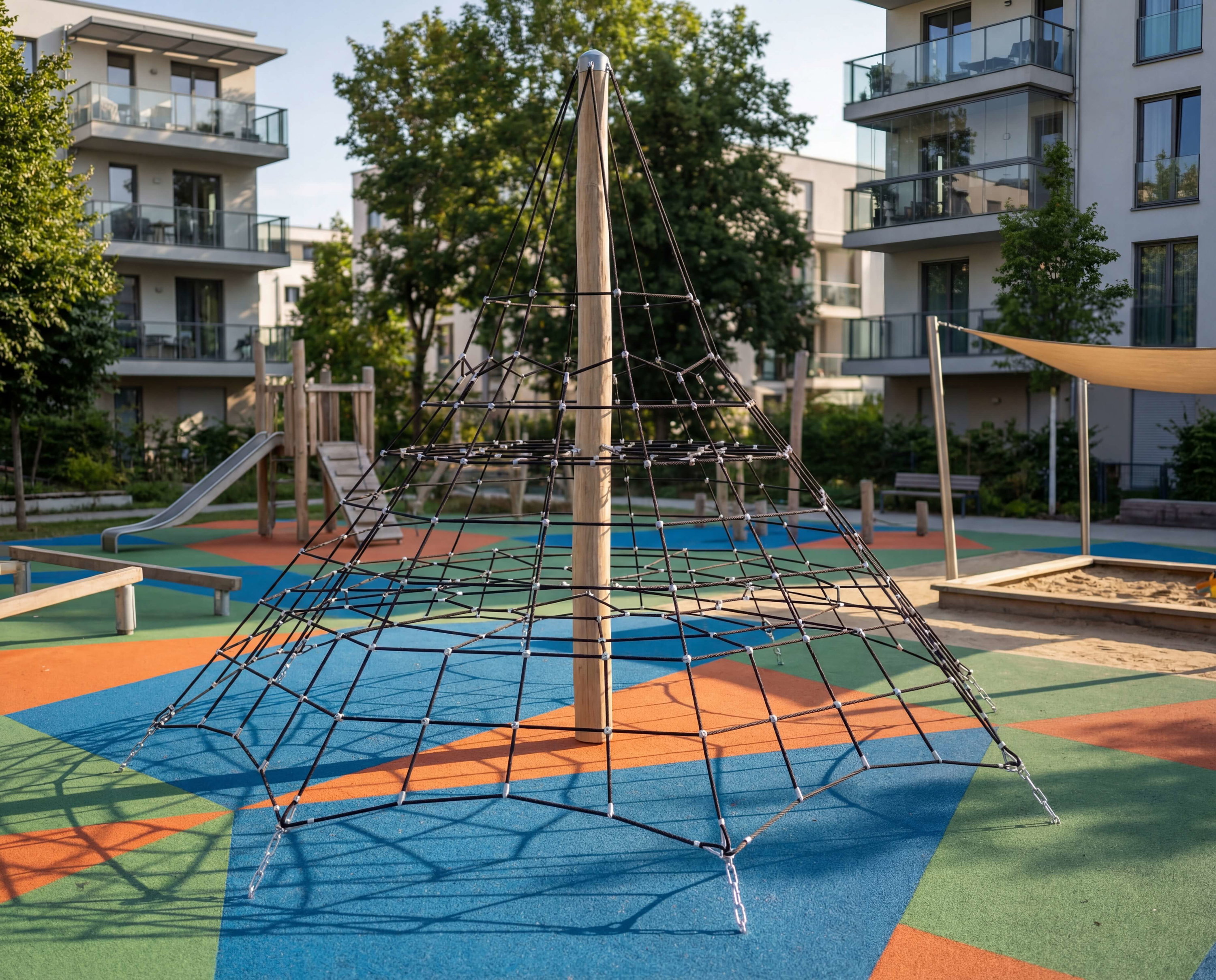 Kletterpyramide im modernen Spielplatz vor Wohnhäusern mit buntem Bodenbelag.