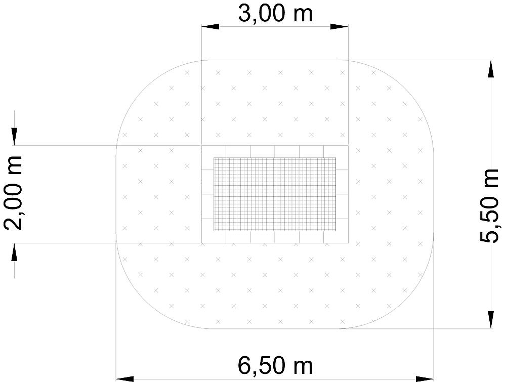Technisches Zeichnung eines ovalen Plans mit Maßen und Gitternetz im Zentrum.