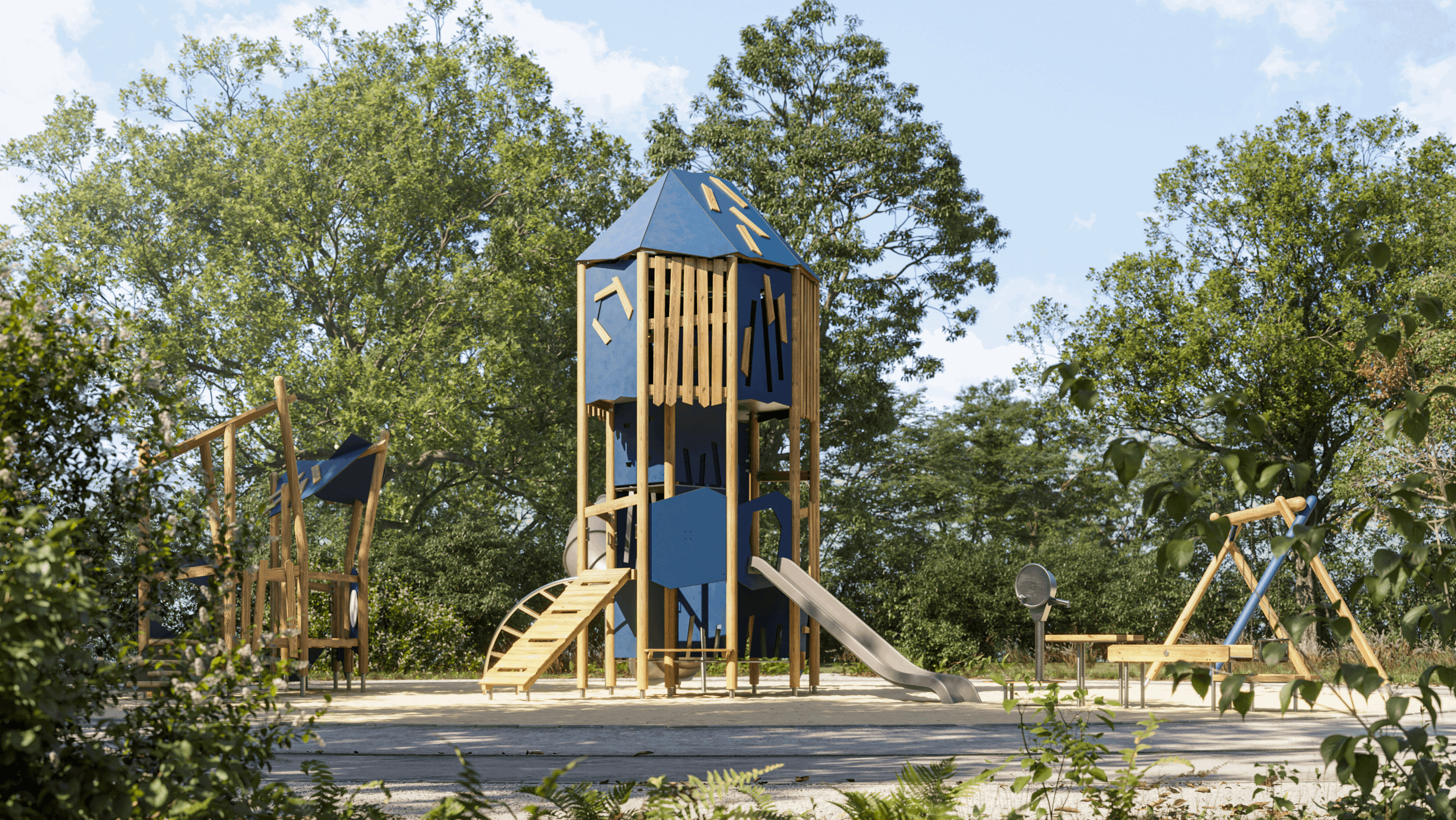 Blauer Spielplatz mit Rutsche und Klettergerüst im grünen Park unter blauem Himmel.