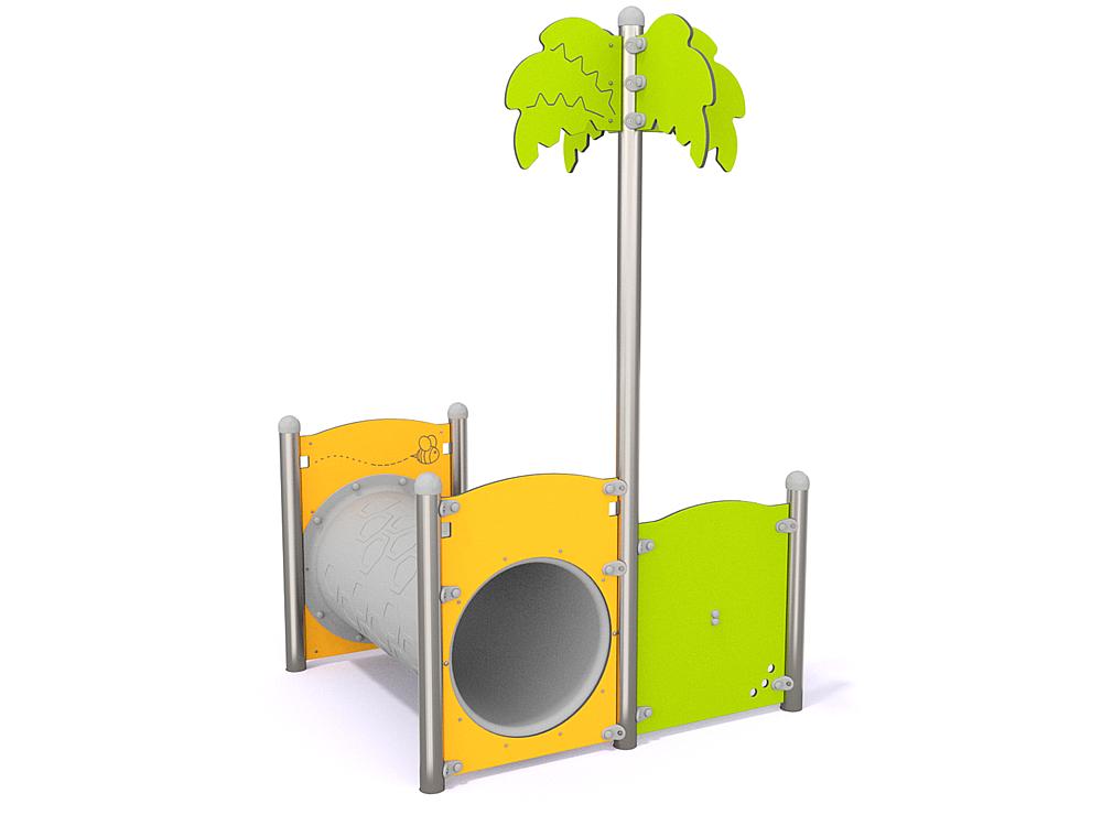 Schwinger für Kleinkinder mit Metallgestell und grünen Verbindungen auf weißem Hintergrund.