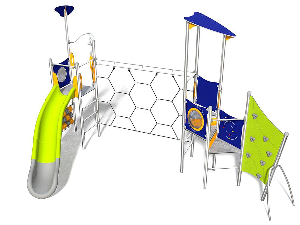 Schwinger für Kleinkinder mit Metallgestell und grünen Verbindungen auf weißem Hintergrund.