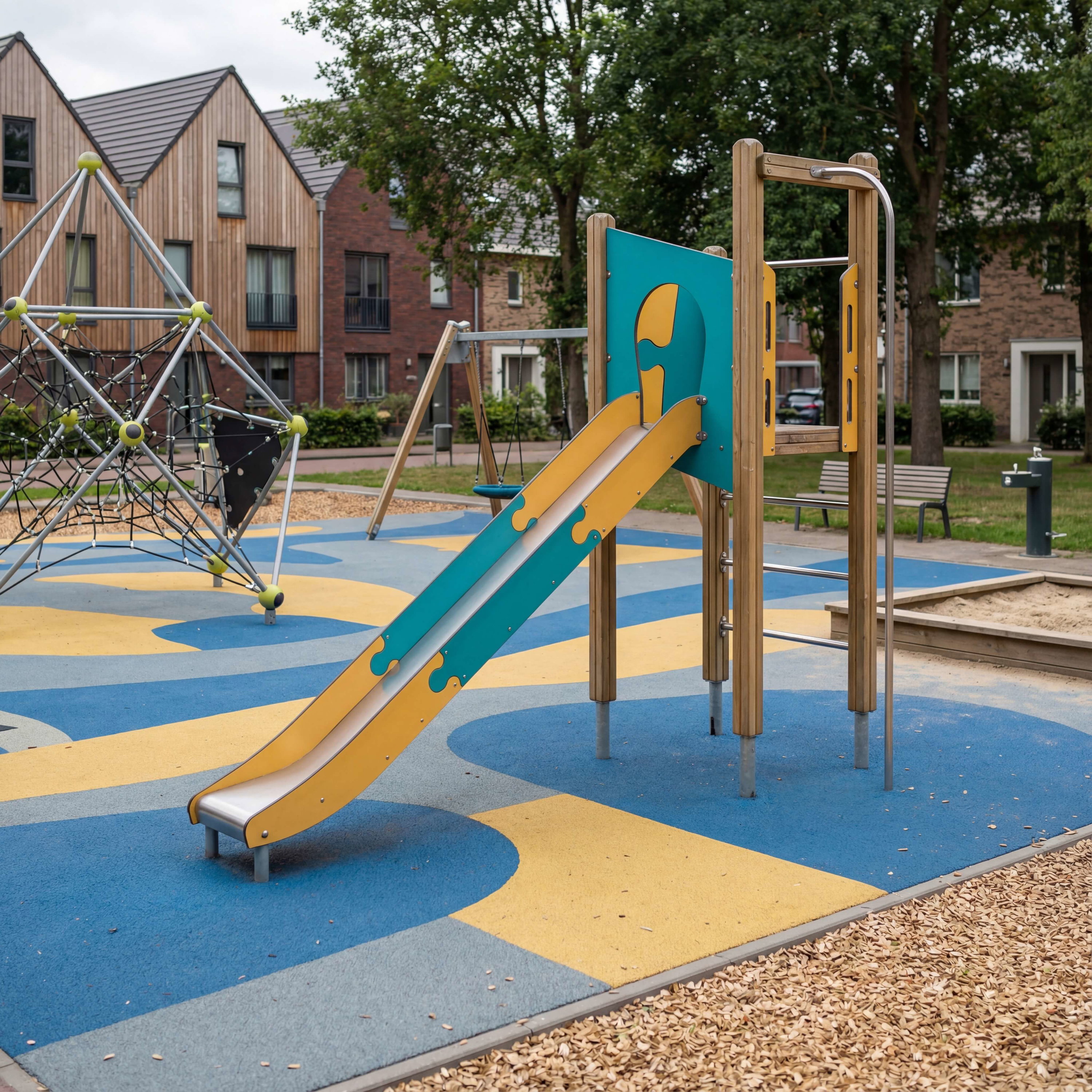 Bunte Rutsche und Klettergerüst auf einem Spielplatz mit buntem Bodenbelag vor Wohnhäusern.