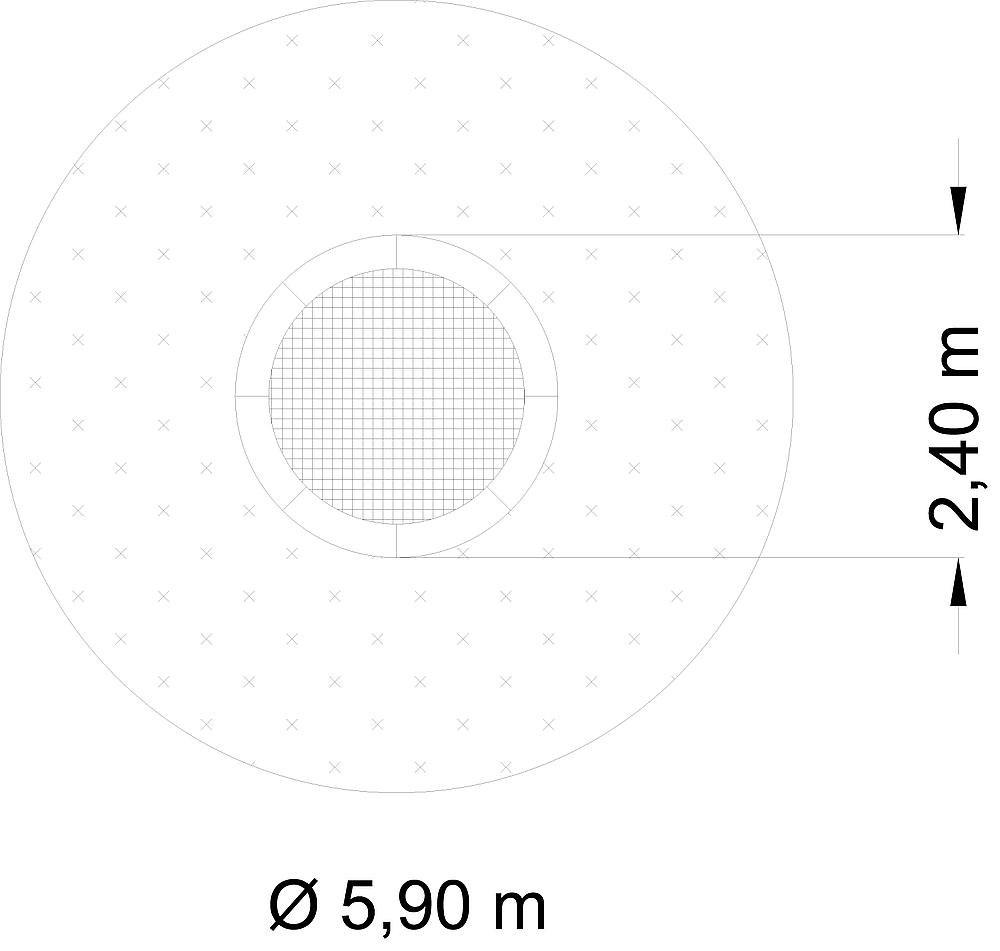 Kreisförmige Plattform mit zentralem Gitter und Maßen Ø 5,90 m, Außenradius 2,40 m.