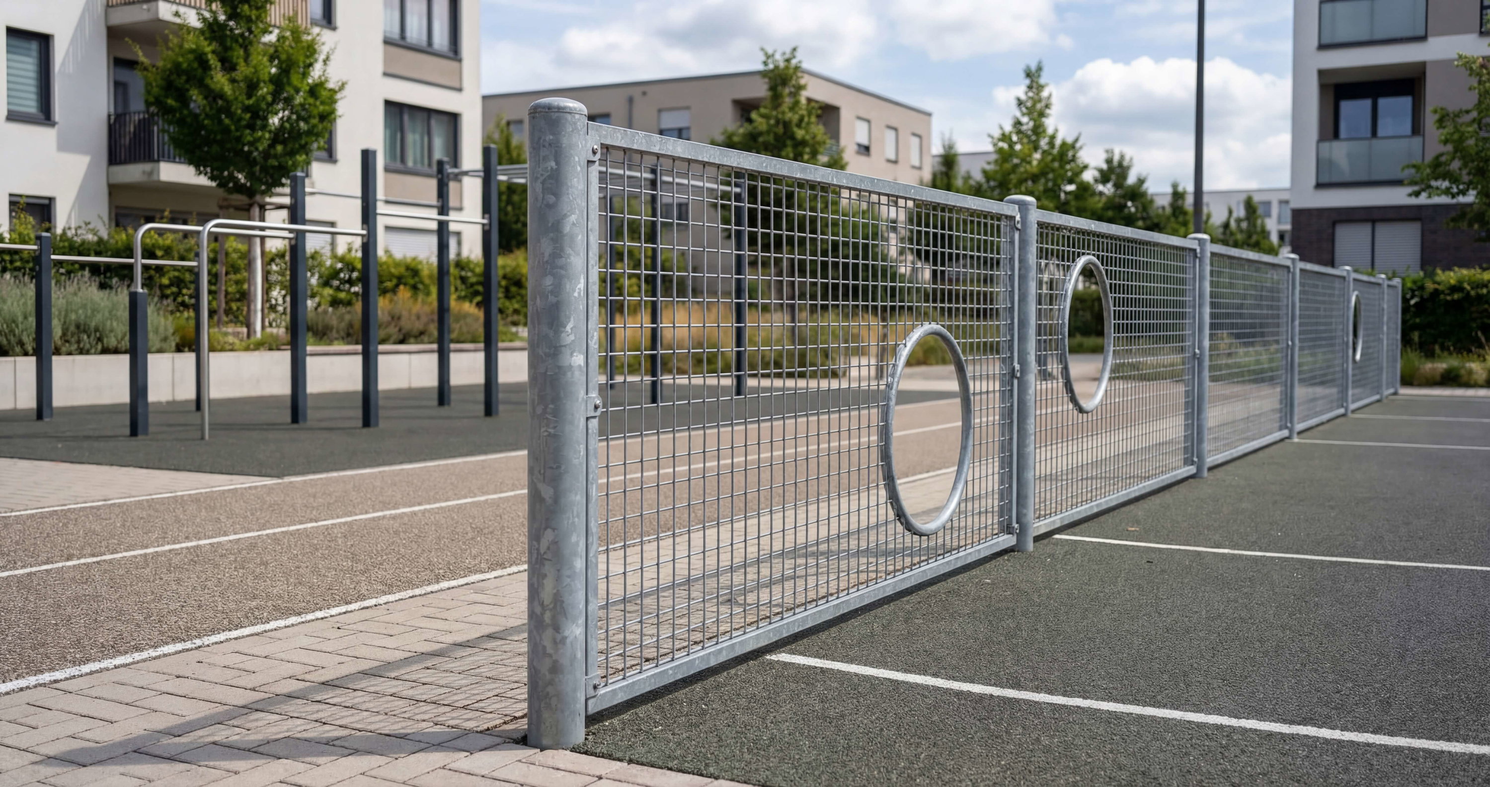 Metallzaun mit runden Öffnungen umschließt einen Spielplatz vor Wohnhäusern im Freien.