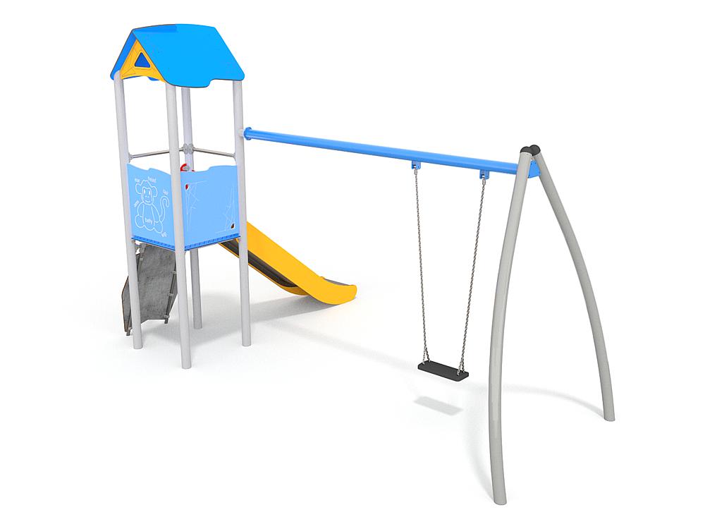 Schwinger für Kleinkinder mit Metallgestell und grünen Verbindungen auf weißem Hintergrund.
