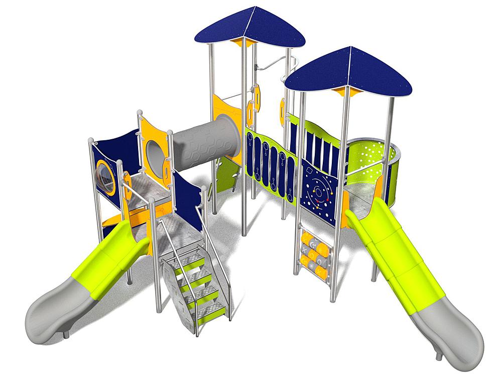 Schwinger für Kleinkinder mit Metallgestell und grünen Verbindungen auf weißem Hintergrund.