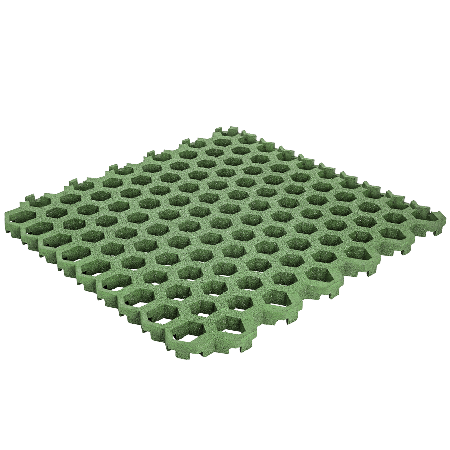 Grünes hexagonales Gitterelement für Bodenbeläge oder Pflanzsysteme – isoliert auf schwarzem Hintergrund.