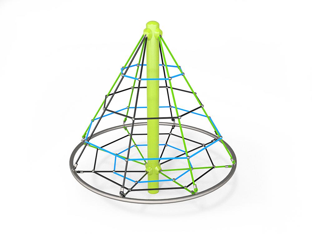 Kinder-Spielgerüst:锥形攀爬架，绿色支柱与彩色绳网结构。