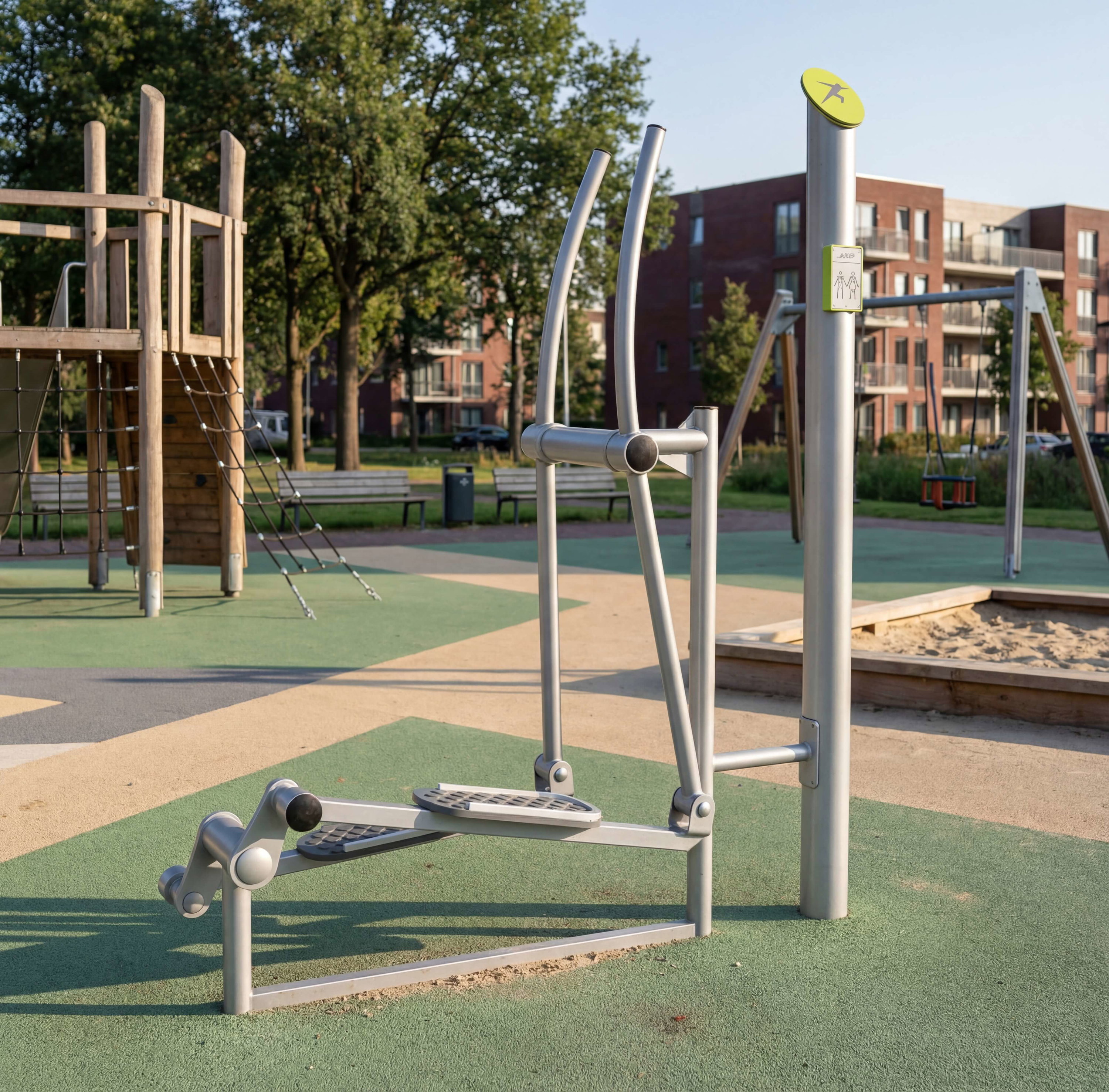 Silbernes Fitnessgerät im Spielplatz mit Sandkasten und Holzspielgeräten vor Wohnhäusern.