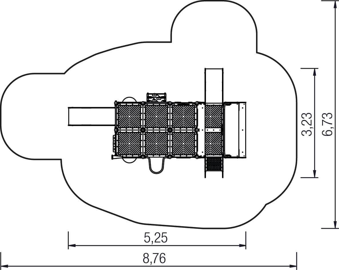 Spielplatz-Plan mit Maßen: 8,76 x 6,73 m, inklusive Rutschbahn und Klettergerüst.