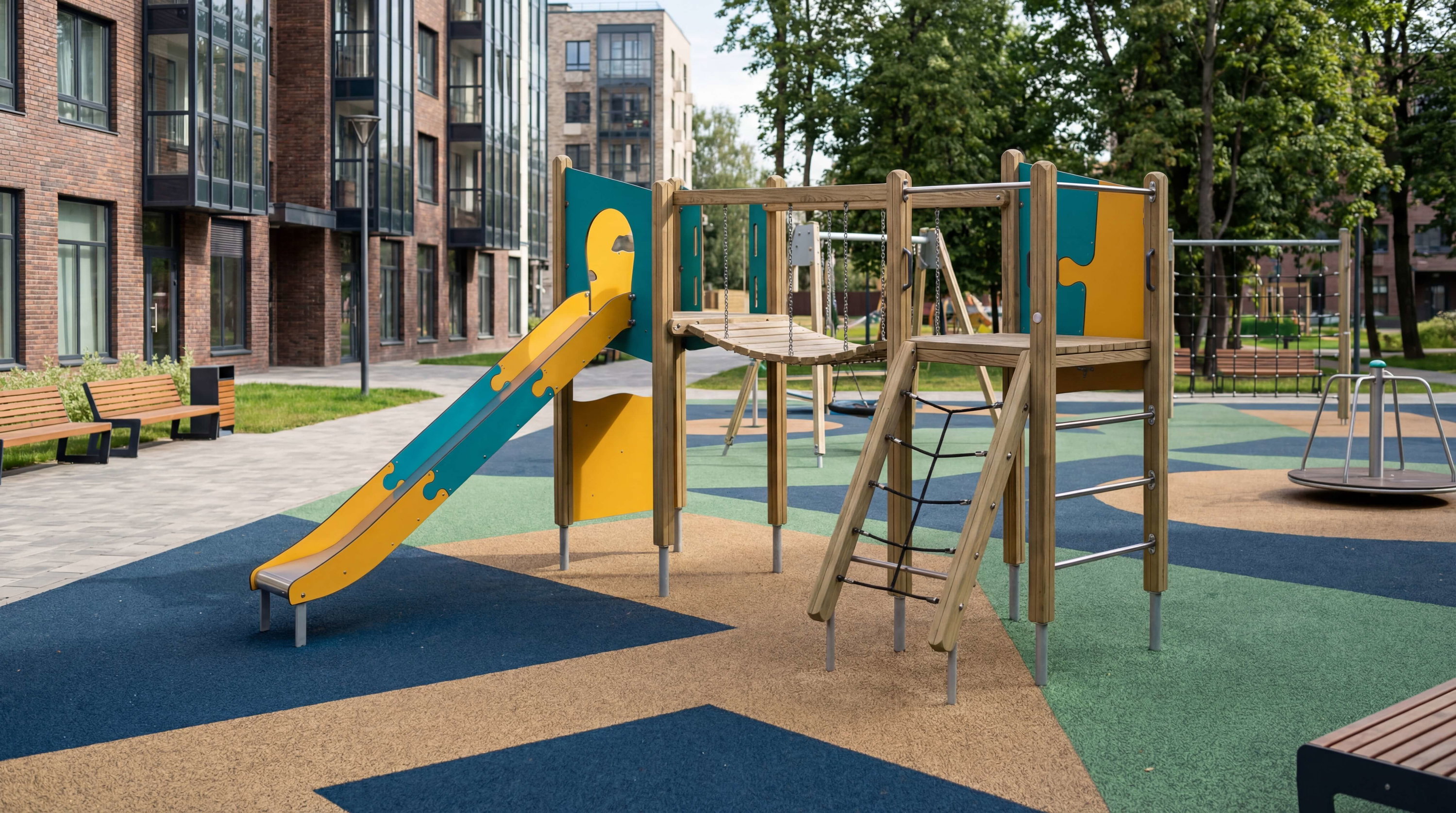 Farbiger Spielplatz mit Rutsche und Klettergerüst vor modernen Wohnhäusern im Grünen.