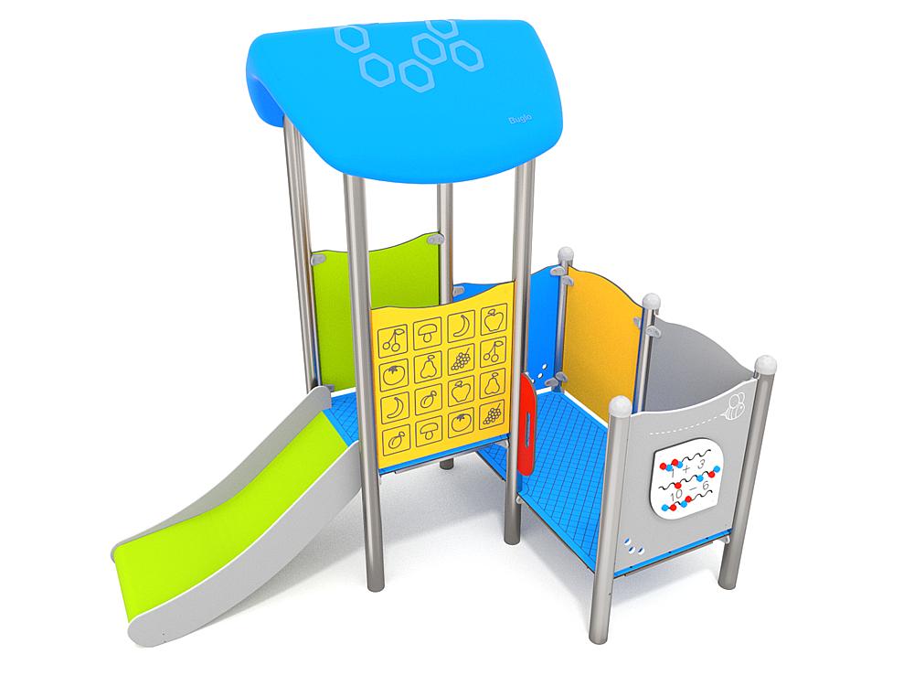 Schwinger für Kleinkinder mit Metallgestell und grünen Verbindungen auf weißem Hintergrund.