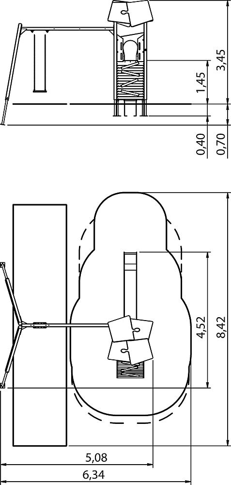 Technische Zeichnung eines Spielgeräts mit Schaukel und Kletterturm – Maße angegeben.