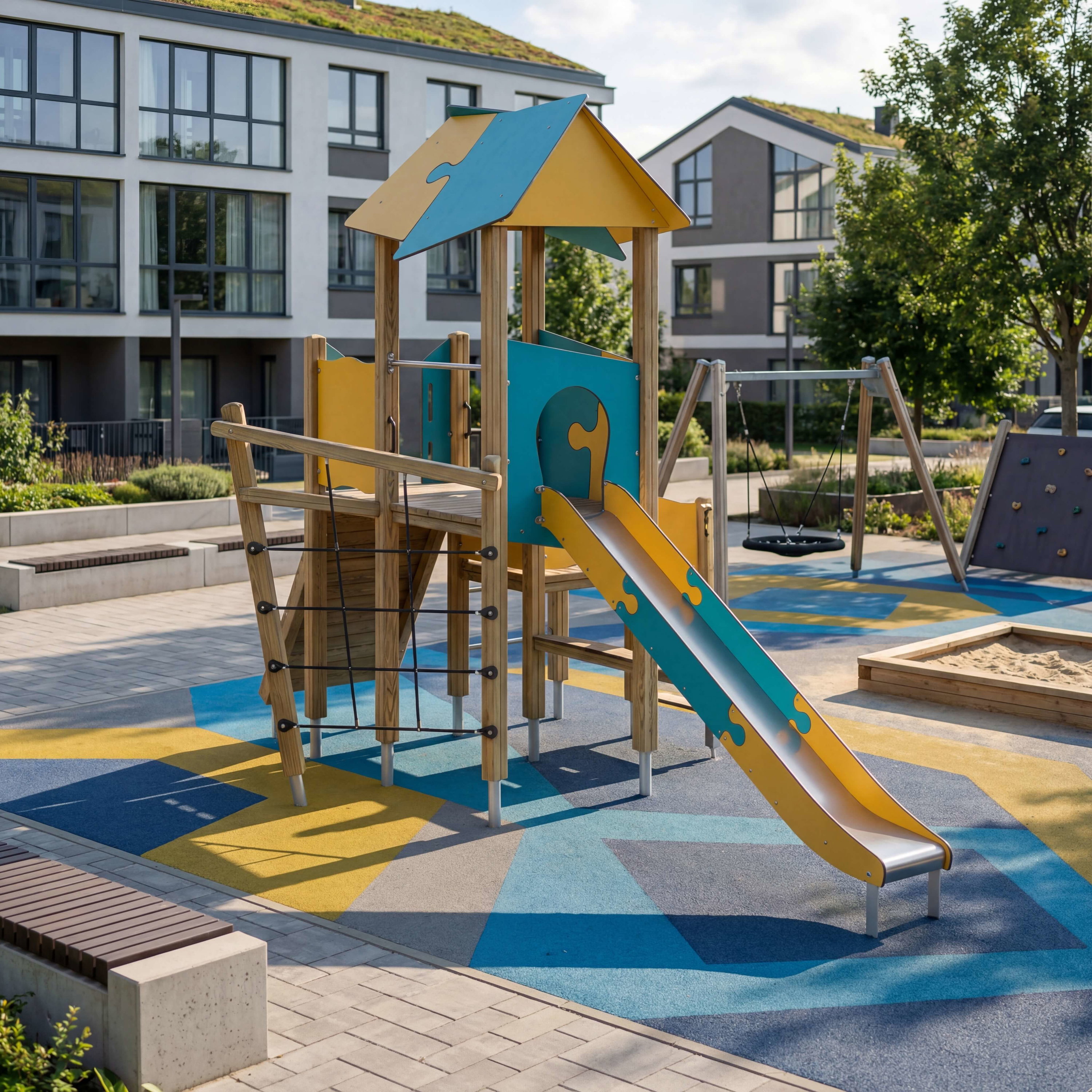 Bunte Spielplatzanlage mit Rutsche und Klettergerüst vor modernen Wohnhäusern im Sonnenlicht.