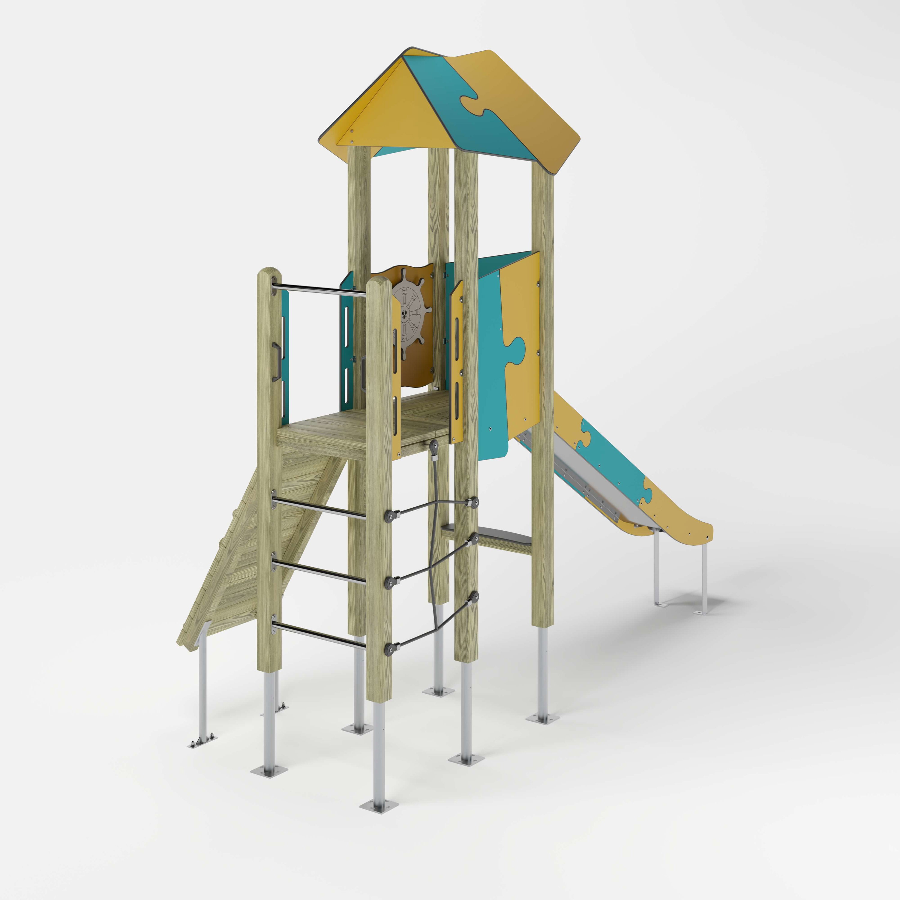 Bunte Kinderspielburg mit Dach und Rutsche auf weißem Hintergrund.