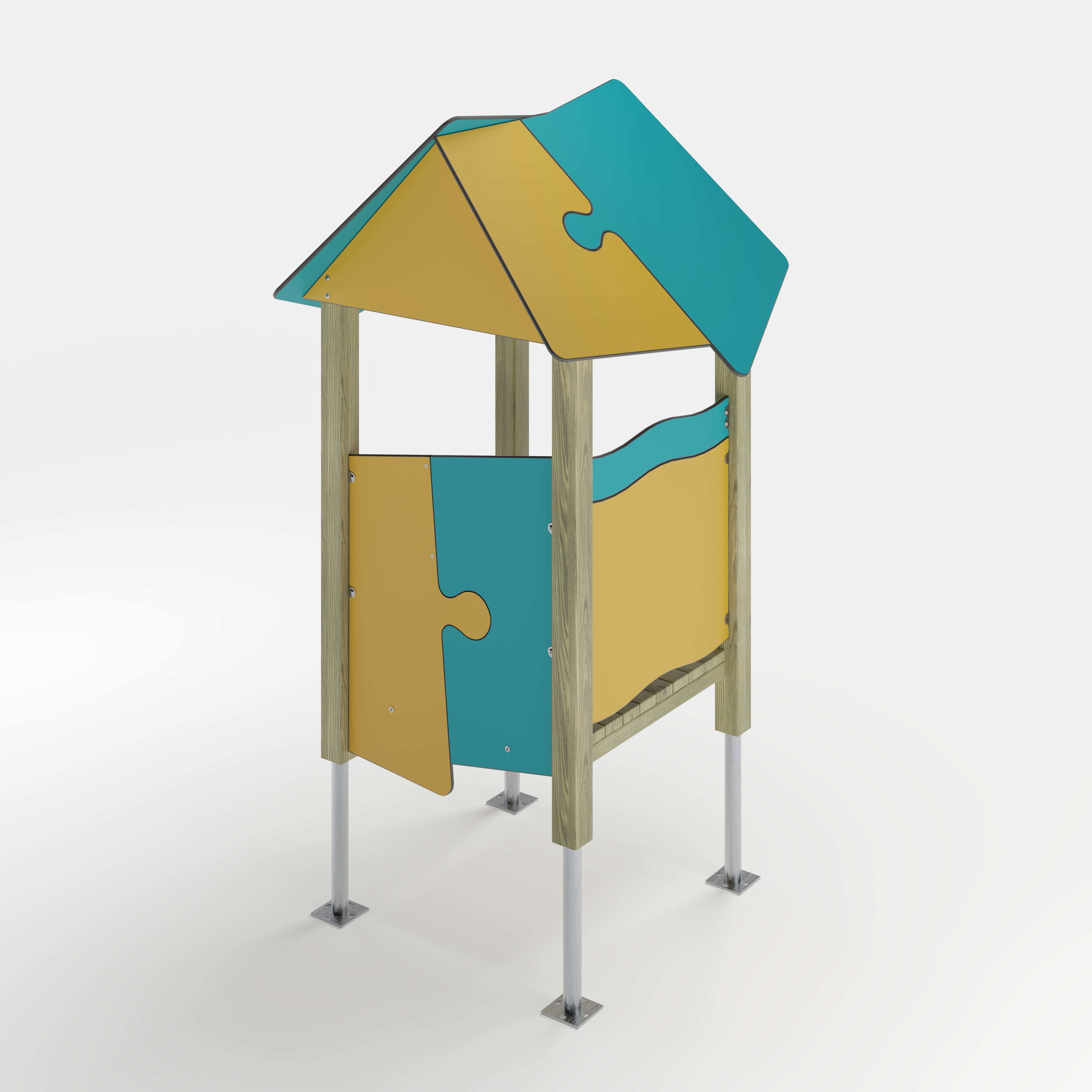 Bunte Puzzle-Hütte für Kinder auf Metallbeinen – Spielhaus mit gelb-blauen Teilen und Dach.