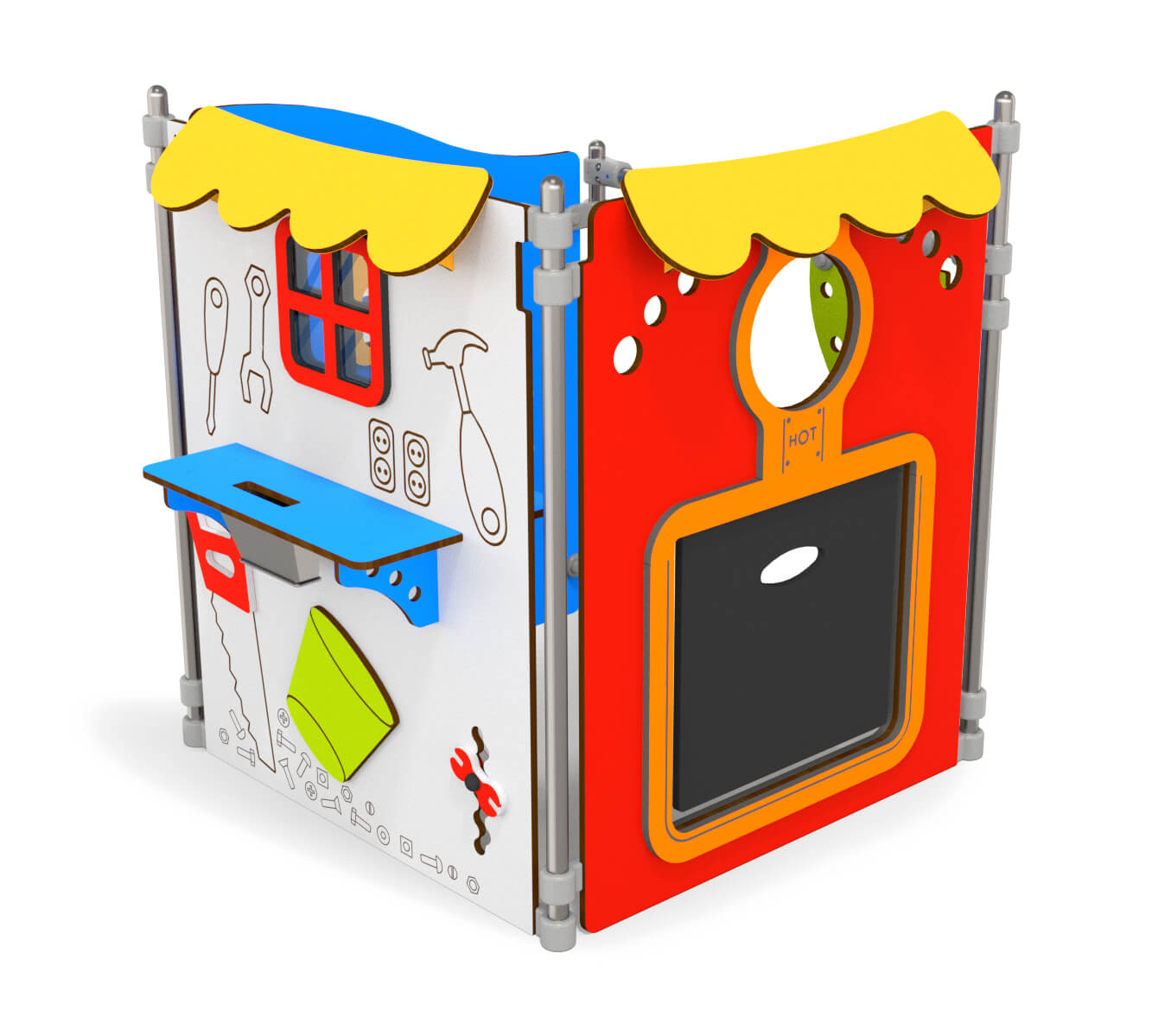 Bunte Spielküche mit Werkzeugmotiven und Ofen – ideal für kreative Kinderkostüme im Haus.