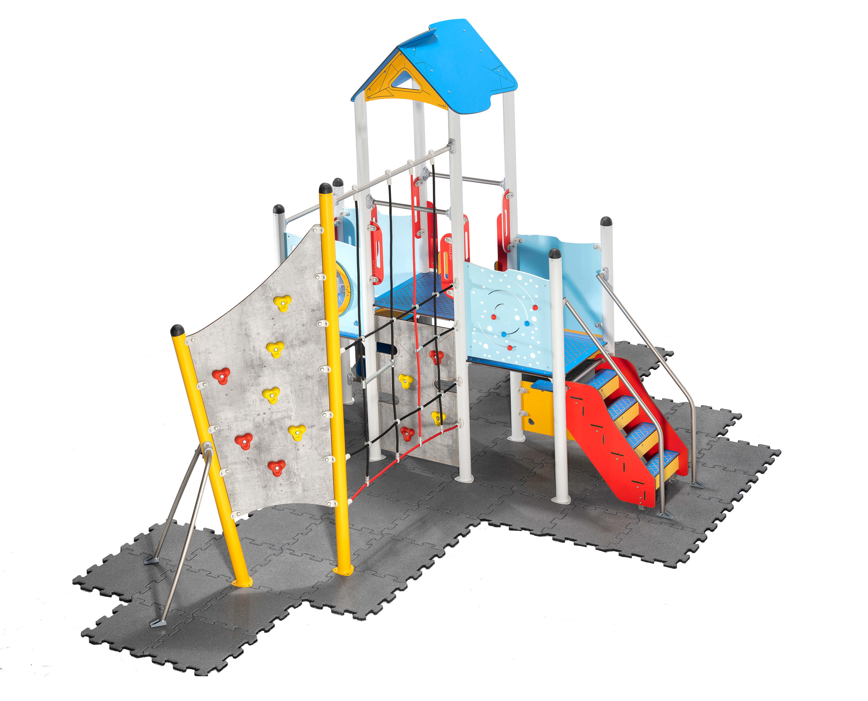 Bunte Kinderspielanlage mit Kletterwand und Rutsche auf grauem Schaumstoffboden.