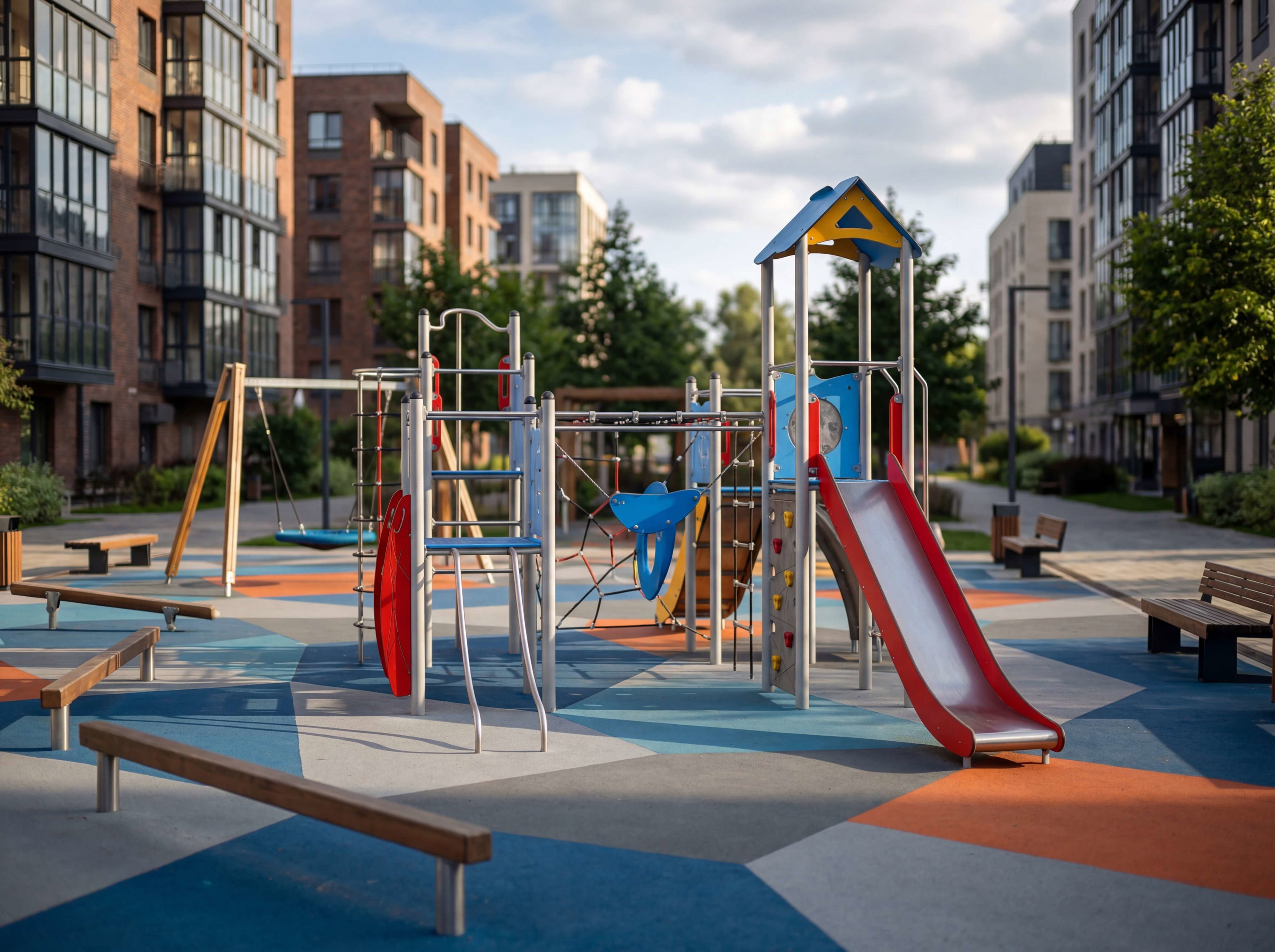 Farbe Spielplatz zwischen modernen Wohnhäusern mit Rutsche und Klettergerüst unter blauem Himmel.