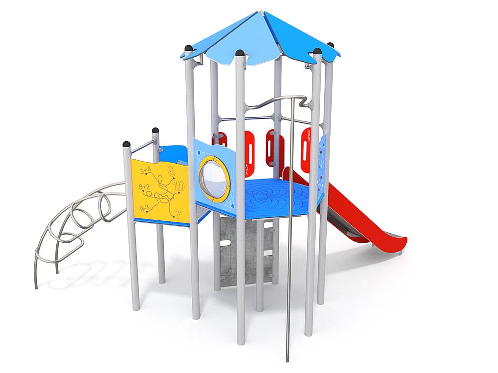 Schwinger für Kleinkinder mit Metallgestell und grünen Verbindungen auf weißem Hintergrund.