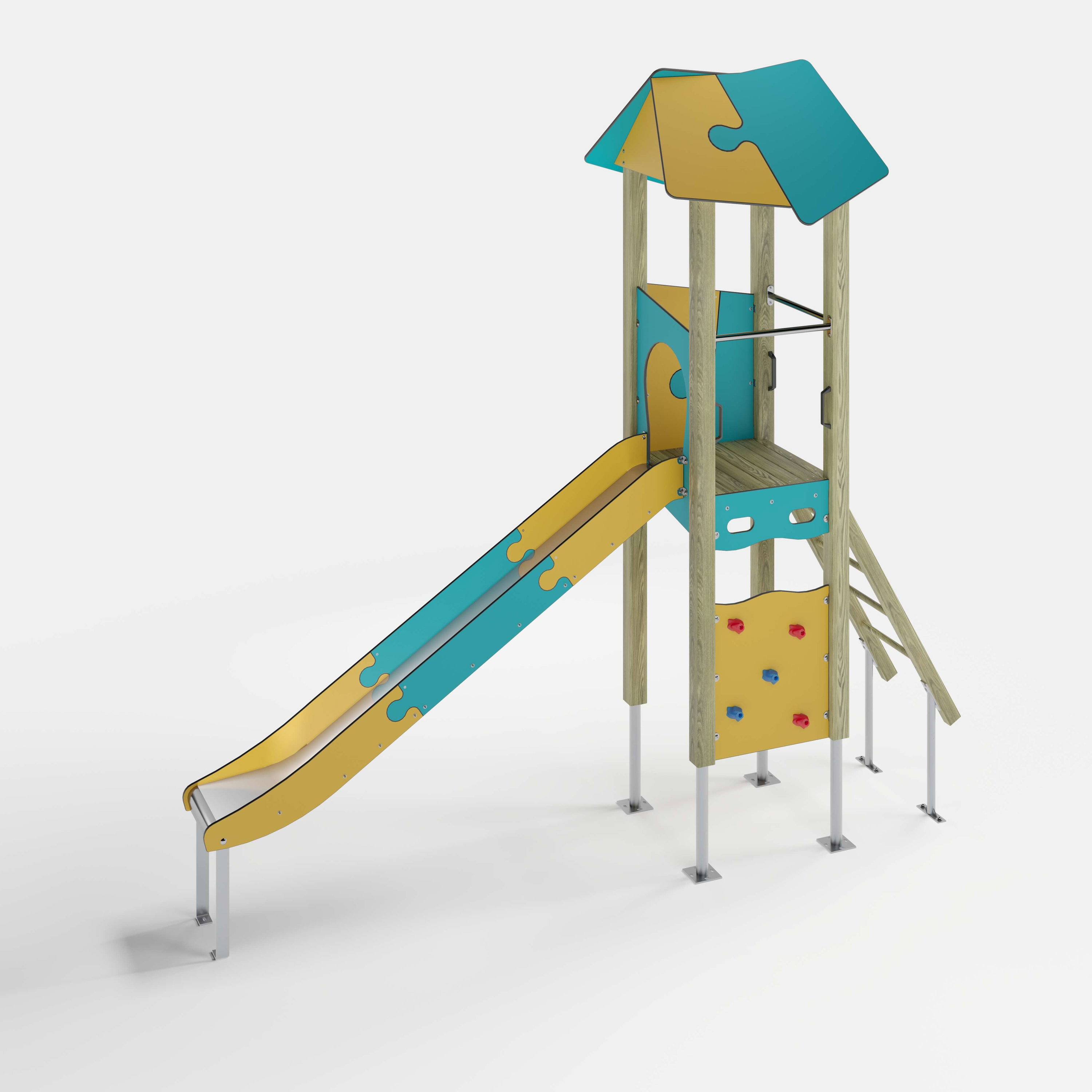 Bunte Kinderspielburg mit Dach und Rutsche auf weißem Hintergrund.