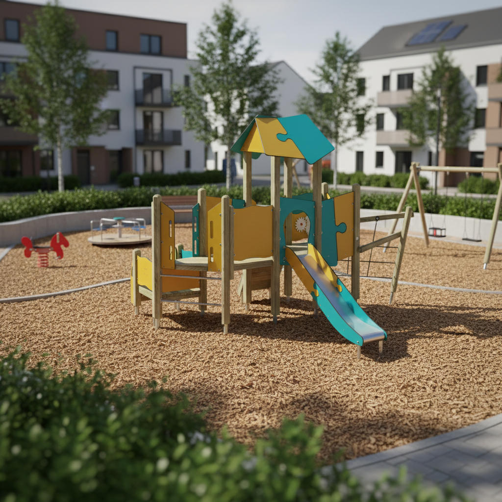 Bunte Spielplatzanlage mit Rutsche und Klettergerüst im Wohngebiet auf Mulchboden.