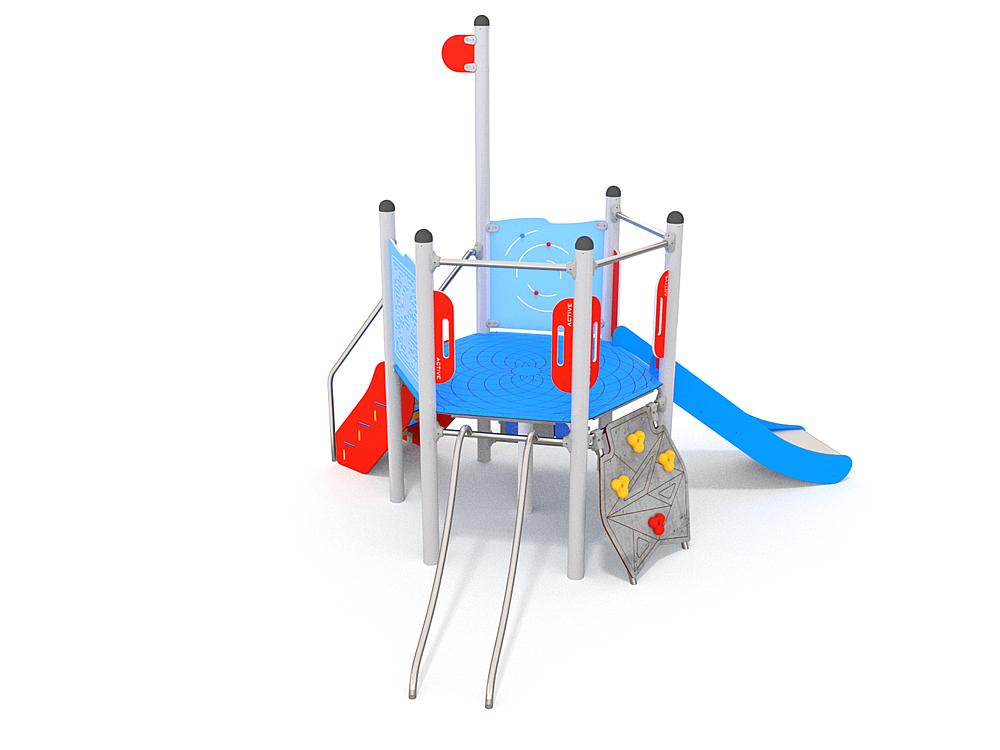 Schwinger für Kleinkinder mit Metallgestell und grünen Verbindungen auf weißem Hintergrund.
