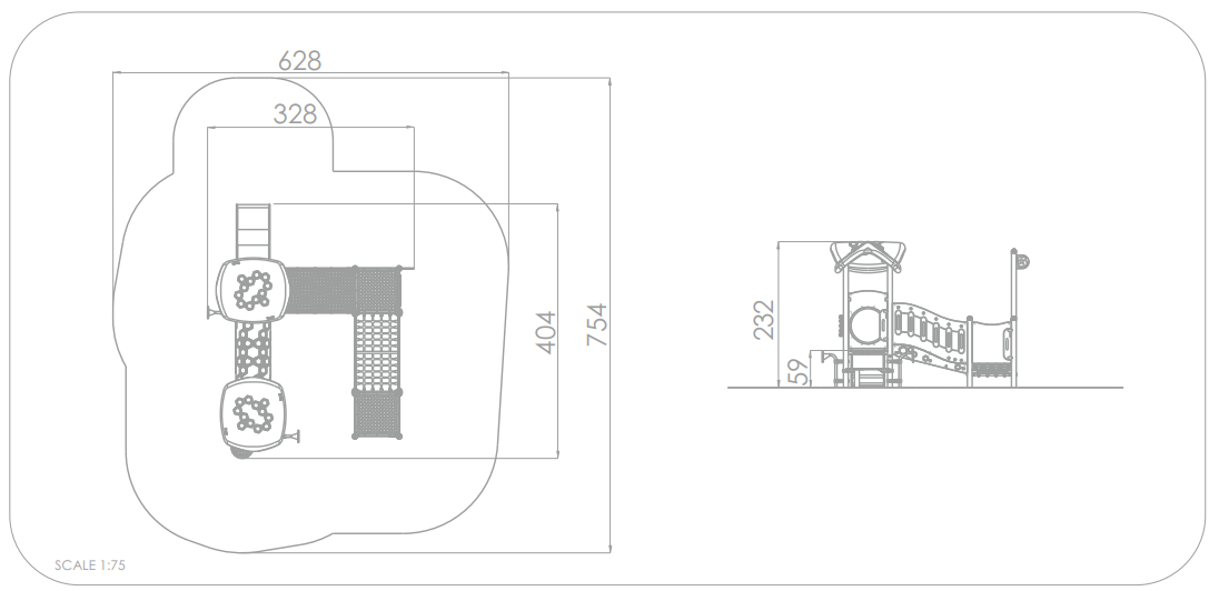 Technische Zeichnung eines Spielplatzgeräts mit Maßen und Skalierung 1:75.